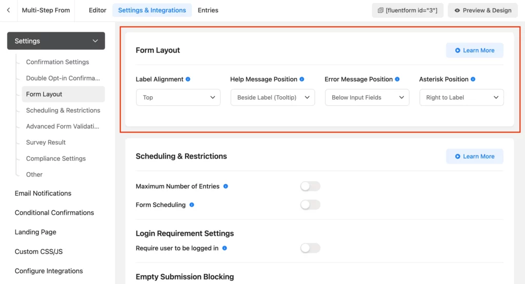 form layout setting
